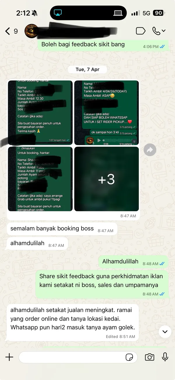 WhatsApp feedback dari client Kedai Ayam Golek — jualan meningkat